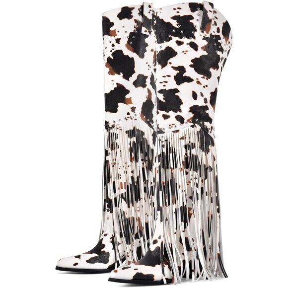 Women Cow Print Synthetic Fringe Thigh High Tassel Wide Over Knee Pointed Boot - Picture 1 of 6